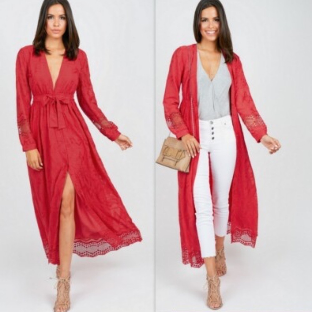 OLIVIA CULPO  x Le Tote Red Long Sleeve Embroidered Maxi Shirt Dress Size Medium